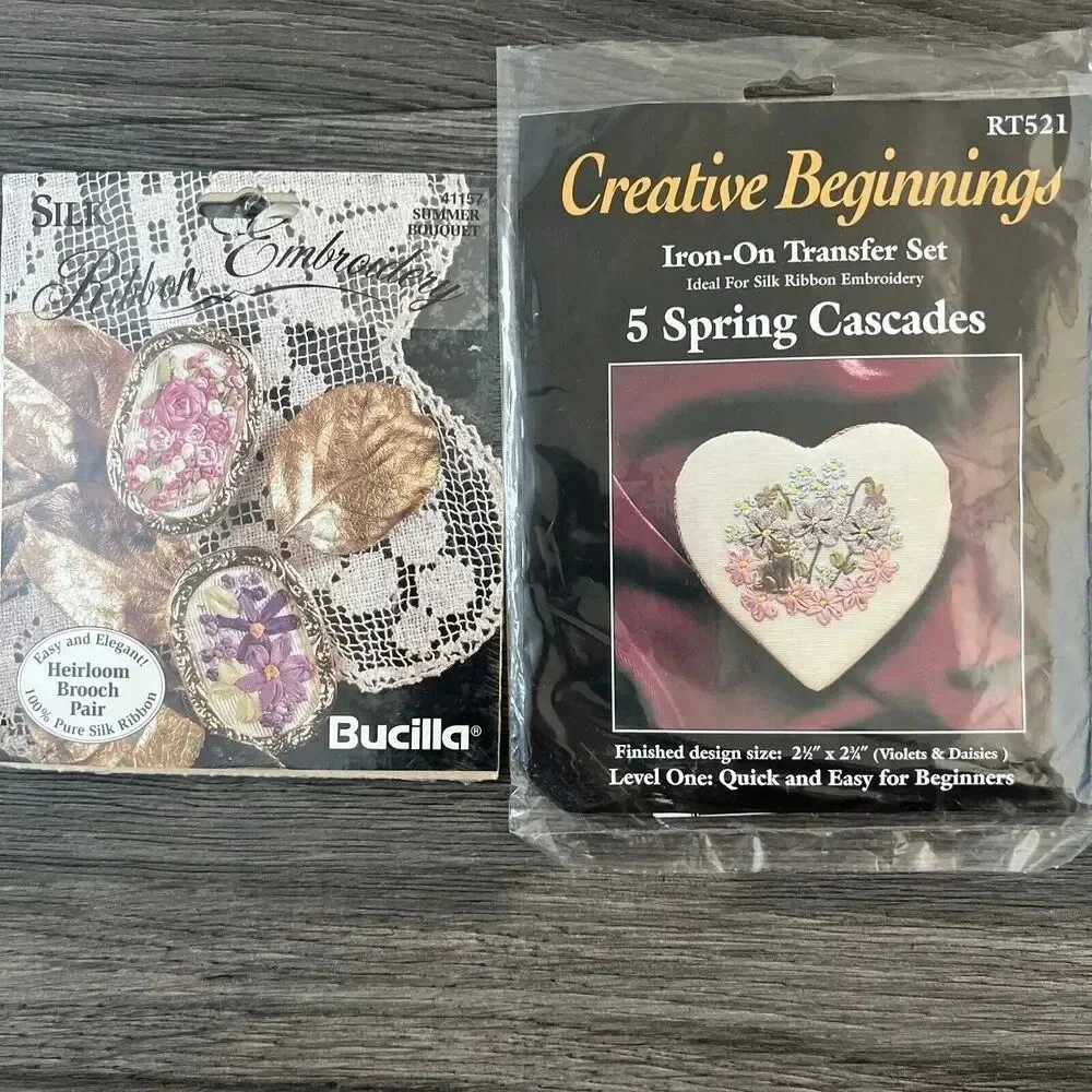Vtg Bucilla Silk Ribbon Brooch Embroidery Kit 41157 Creative Beginnings Iron On